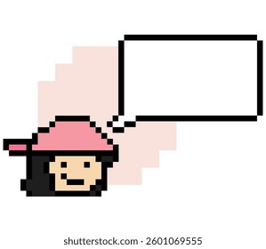 Cartoon pixel cute cartoon character face woman with chat blank decoration 8 bit female girl say speak discuss idea chat box cartoon pixel game 8bit vector.