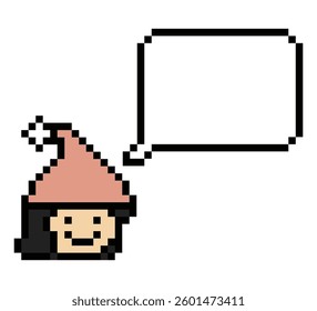 Cartoon pixel cute cartoon character face woman with chat blank decoration 8 bit female girl say speak discuss idea chat box cartoon pixel game 8bit vector.