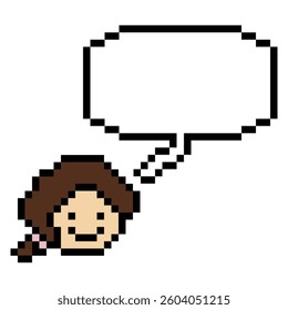 Cartoon pixel cute cartoon character face woman with chat blank decoration 8 bit female girl say speak discuss idea chat box cartoon pixel game 8bit vector.