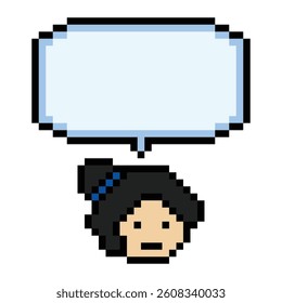 Cartoon pixel cute cartoon character face woman with chat blank decoration 8 bit female girl say speak discuss idea chat box cartoon pixel game 8bit vector.