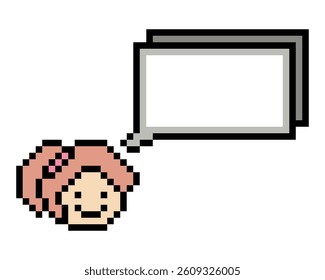 Cartoon pixel cute cartoon character face woman with chat blank decoration 8 bit female girl say speak discuss idea chat box cartoon pixel game 8bit vector.