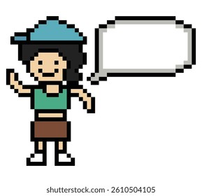 Cartoon pixel cute cartoon character face woman with chat blank decoration 8 bit female girl say speak discuss idea chat box cartoon pixel game 8bit vector.