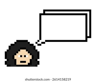 Cartoon pixel cute cartoon character face woman with chat blank decoration 8 bit female girl say speak discuss idea chat box cartoon pixel game 8bit vector.