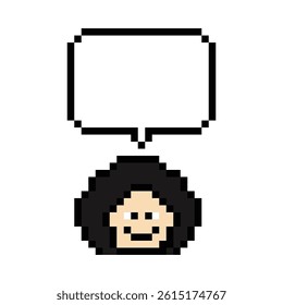 Cartoon pixel cute cartoon character face woman with chat blank decoration 8 bit female girl say speak discuss idea chat box cartoon pixel game 8bit vector.