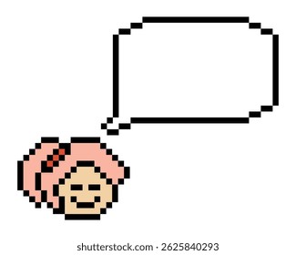 Cartoon pixel cute cartoon character face woman with chat blank decoration 8 bit female girl say speak discuss idea chat box cartoon pixel game 8bit vector.