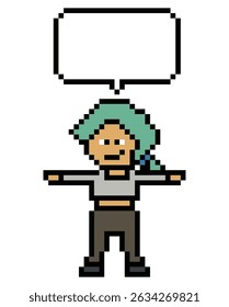Cartoon pixel cute cartoon character face woman with chat blank decoration 8 bit female girl say speak discuss idea chat box cartoon pixel game 8bit vector.