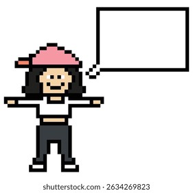 Cartoon pixel cute cartoon character face woman with chat blank decoration 8 bit female girl say speak discuss idea chat box cartoon pixel game 8bit vector.
