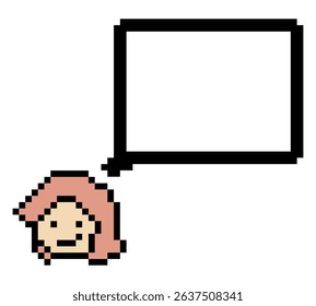 Cartoon pixel cute cartoon character face woman with chat blank decoration 8 bit female girl say speak discuss idea chat box cartoon pixel game 8bit vector.