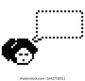 Cartoon pixel cute cartoon character face woman with chat blank decoration 8 bit female girl say speak discuss idea chat box cartoon pixel game 8bit vector.