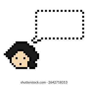 Cartoon pixel cute cartoon character face woman with chat blank decoration 8 bit female girl say speak discuss idea chat box cartoon pixel game 8bit vector.
