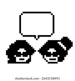 Cartoon pixel cute cartoon character face woman with chat blank decoration 8 bit female girl say speak discuss idea chat box cartoon pixel game 8bit vector.