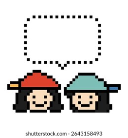 Cartoon pixel cute cartoon character face woman with chat blank decoration 8 bit female girl say speak discuss idea chat box cartoon pixel game 8bit vector.