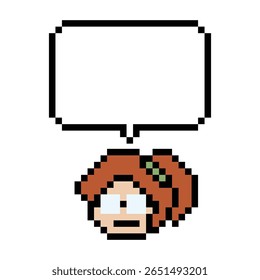 Pixel de dibujos animados personaje lindo cara mujer con chat en blanco decoración 8 bit chica dice hablar hablar idea chat box juego de píxeles de dibujos animados 8bit Vector.