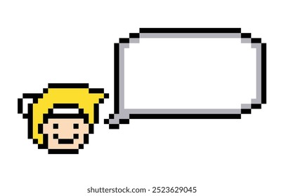 Cartoon pixel cute character man face with chat blank decoration 8 bit male boy say speak discuss idea chat box cartoon pixel game vector.