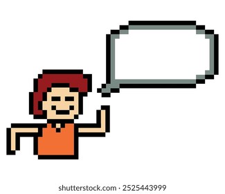 Cartoon pixel cute character man face with chat blank decoration 8 bit male boy say speak discuss idea chat box cartoon pixel game vector.