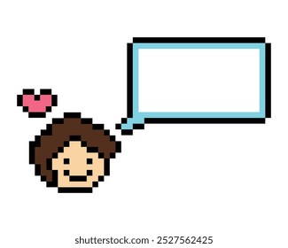 Cartoon pixel cute character man face with chat blank decoration 8 bit male boy say speak discuss idea chat box cartoon pixel game vector.