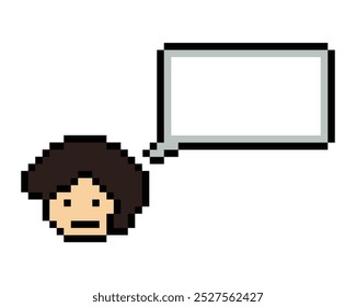 Cartoon pixel cute character man face with chat blank decoration 8 bit male boy say speak discuss idea chat box cartoon pixel game vector.