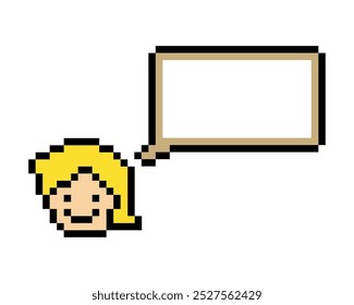 Cartoon pixel cute character man face with chat blank decoration 8 bit male boy say speak discuss idea chat box cartoon pixel game vector.