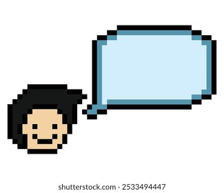 Cartoon pixel cute character man face with chat blank decoration 8 bit male boy say speak discuss idea chat box cartoon pixel game vector.