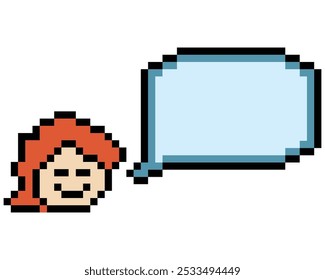 Cartoon pixel cute character man face with chat blank decoration 8 bit male boy say speak discuss idea chat box cartoon pixel game vector.