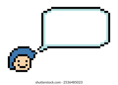 Cartoon pixel cute character man face with chat blank decoration 8 bit male boy say speak discuss idea chat box cartoon pixel game vector.