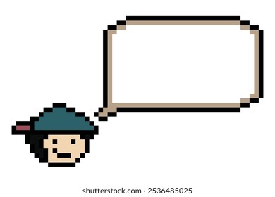 Cara linda del hombre del carácter del pixel de la historieta con la decoración en blanco del chat El muchacho masculino de 8 pedazos dice hablar Vector del juego del pixel de la historieta de la caja de chat de la idea.