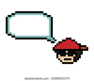 Cara linda del hombre del carácter del pixel de la historieta con la decoración en blanco del chat El muchacho masculino de 8 pedazos dice hablar Vector del juego del pixel de la historieta de la caja de chat de la idea.