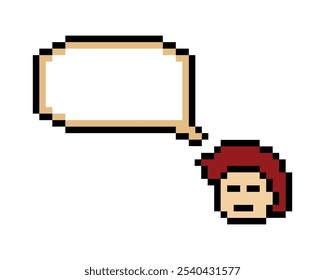 Cara linda del hombre del carácter del pixel de la historieta con la decoración en blanco del chat El muchacho masculino de 8 pedazos dice hablar Vector del juego del pixel de la historieta de la caja de chat de la idea.