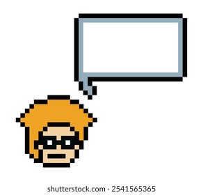 Cara linda del hombre del personaje del píxel de la historieta con la decoración en blanco de la caja de chat 8 bit chico masculino dice hablar idea chat box Vector del juego del píxel de la historieta.