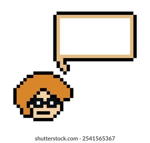 Cara linda del hombre del personaje del píxel de la historieta con la decoración en blanco de la caja de chat 8 bit chico masculino dice hablar idea chat box Vector del juego del píxel de la historieta.