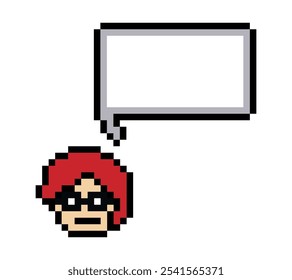 Cara linda del hombre del personaje del píxel de la historieta con la decoración en blanco de la caja de chat 8 bit chico masculino dice hablar idea chat box Vector del juego del píxel de la historieta.