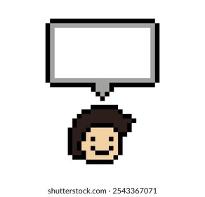 Cara linda del hombre del personaje del píxel de la historieta con la decoración en blanco de la caja de chat 8 bit chico masculino dice hablar idea chat box Vector del juego del píxel de la historieta.