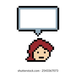 Cara linda del hombre del personaje del píxel de la historieta con la decoración en blanco de la caja de chat 8 bit chico masculino dice hablar idea chat box Vector del juego del píxel de la historieta.