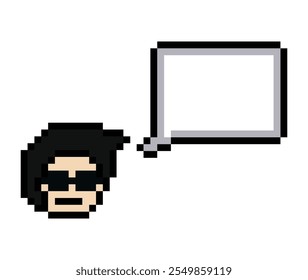 Cartoon pixel cute character man face with chat box blank decoration 8 bit male boy say speak discuss idea chat box cartoon pixel game vector.