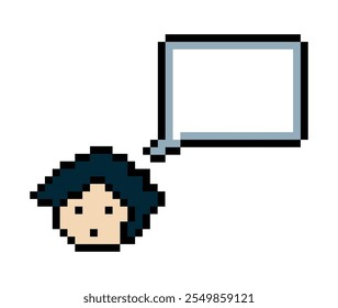 Cartoon pixel cute character man face with chat box blank decoration 8 bit male boy say speak discuss idea chat box cartoon pixel game vector.