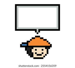 Cartoon pixel cute character man face with chat box blank decoration 8 bit male boy say speak discuss idea chat box cartoon pixel game vector.