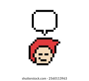 Cartoon pixel cute character man face with chat box blank decoration 8 bit male boy say speak discuss idea chat box cartoon pixel 8bit game vector.