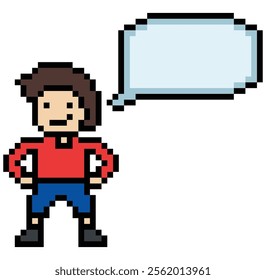 Cartoon pixel cute character man face with chat box blank decoration 8 bit male boy say speak discuss idea chat box cartoon pixel game 8bit vector.