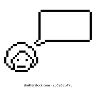 Cartoon pixel cute character man face with chat box blank decoration 8 bit male boy say speak discuss idea chat box cartoon pixel game 8bit vector.