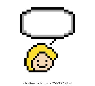 Cartoon pixel cute character man face with chat box blank decoration 8 bit male boy say speak discuss idea chat box cartoon pixel game 8 bit vector.