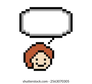 Cartoon pixel cute character man face with chat box blank decoration 8 bit male boy say speak discuss idea chat box cartoon pixel game 8 bit vector.