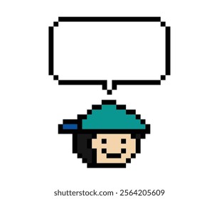 Cartoon pixel cute character man face with chat box blank decoration 8 bit male boy say speak discuss idea chat box cartoon pixel game 8bit vector.