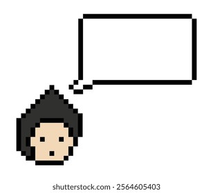 Cartoon pixel cute character man face with chat box blank decoration 8 bit male boy say speak discuss idea chat box cartoon pixel game 8 bit vector.