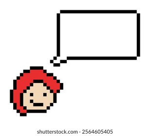 Cartoon pixel cute character man face with chat box blank decoration 8 bit male boy say speak discuss idea chat box cartoon pixel game 8 bit vector.