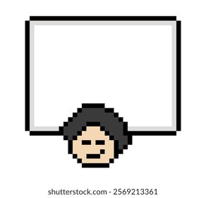 Cartoon pixel cute character man face with chat box blank decoration 8 bit male boy say speak discuss idea chat box cartoon pixel game 8bit vector.