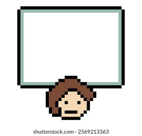 Cartoon pixel cute character man face with chat box blank decoration 8 bit male boy say speak discuss idea chat box cartoon pixel game 8bit vector.