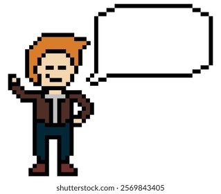 Cartoon pixel cute character man face with chat box blank decoration 8 bit male boy say speak discuss idea chat box cartoon pixel 8bit game vector.