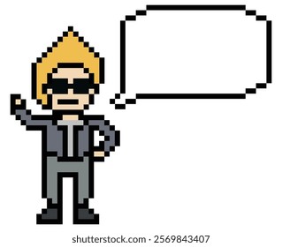 Cartoon pixel cute character man face with chat box blank decoration 8 bit male boy say speak discuss idea chat box cartoon pixel 8bit game vector.