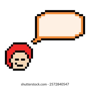 Cartoon pixel cute character man face with chat box blank decoration 8 bit male boy say speak discuss idea chat box cartoon pixel 8bit game vector.