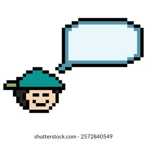 Cartoon pixel cute character man face with chat box blank decoration 8 bit male boy say speak discuss idea chat box cartoon pixel 8bit game vector.